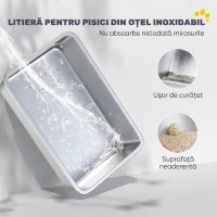 PawHut Litieră pentru Pisici XXL din Oțel Inoxidabil cu Lopățică și Laterale Înalte, Gri(m-4)