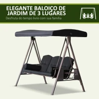 Outsunny Banco Baloiço de Jardim de 3 Lugares com Teto 2 Almofadas Suporte para Bebidas 207x120,5x174 cm Preto(m-7)