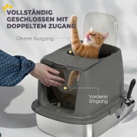 PawHut Große Katzentoilette aus Edelstahl, geschlossene Katzenstreuschale mit Metallschaufel und Deobeutel, dunkelgrau(m-5)