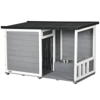 PawHut Hundehütte aus Massivholz, mit 2 Fressnäpfen, Veranda, wetterbeständig, 103 cm x 62 cm x 66 cm, Grau + Weiß(m-1)
