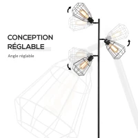 HOMCOM Lampadaire design industriel 3 ampoules max. 40 W abat-jour cage métal noir(m-5)