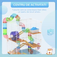 PawHut Căsuță pentru Hamsteri cu 5 Niveluri cu Tuburi, Roată, Scări, Căsuță și Sticlă, din Metal, PP și PS, 46x30x58 cm(m-4)