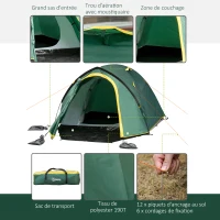 Outsunny Tente de camping 2-3 personnes tente dôme étanche légère ventilée facile à monter 2 portes fenêtres dim. 3,25L x 1,83l x 1,3H m fibre verre polyester PE vert(m-5)