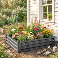 Outsunny Tuinbed, Plantenbak met Stalen Frame, Lichtgrijs, 120 x 120 x 30 cm(m-8)