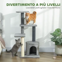 PawHut Albero per Gatti Multilivello Alto 103 cm con Pali Tiragraffi in Sisal, Casetta e Pallina in Peluche, Grigio(m-4)