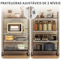 HOMCOM Carrinho Auxiliar com Rodas de Aço Inoxidável de 4 Níveis com Prateleira Ajustável 2 Rodas com Travão 60x35x100 cm  Prateado(m-5)