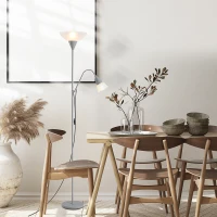 HOMCOM moderne staande lamp 2 koppen verstelbare leeslamp, vloerlamp, ontwerp met dubbele kop en stalen voet, zilver, wit, 28 x 28 x 179,5 cm(m-2)