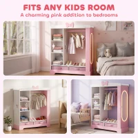 AIYAPLAY Kids Wardrobe with Lighted Mirror, Clothes Rail, Jewelry Cabinet, Shelves, Storage Boxes for Bedroom, Nursery, Pink(m-8)