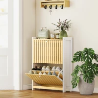 HOMCOM Sapateira Estreita com 2 Portas de Bambu Prateleiras Ajustáveis para 12 Pares de Sapatos  60x24x82,5 cm Branco e Madeira(m-10)