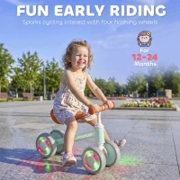 AIYAPLAY Baby Balance Bike for 1-2 Years Old, Light-up Toddler Balance Bike with Adjustable Seat, 4 Silent EVA Wheels, Green(m-4)