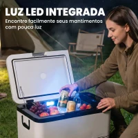Outsunny Geleira Elétrica de Compressor 25L Portátil até -20℃ com Luz LED e Alças Dobráveis Geleira de Carro 12V/24V e 240V para Casa Campismo Viagem 58,5x33,5x35,2cm Branco(m-7)