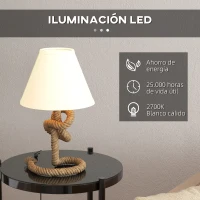 HOMCOM Lámpara de Mesa LED con Base de Metal Cuerda de Lino y Pantalla de Tela Max.40W Ø28x50 cm Marrón y Beige(m-5)