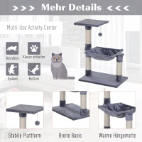 PawHut Kattenboom 3 verdiepingen krabpaal kattenbed met hangmat sisal paal pluche grijs(m-5)