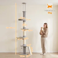 PawHut Plafondhoge krabpaal 230–260 cm, verstelbaar, met 5 niveaus, 3 dikke sisalpalen en sisal krabmat(m-3)