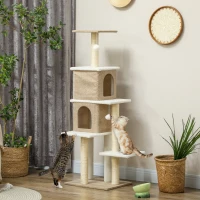 PawHut Arranhador para Gatos em Borrego com 2 Cavernas Plataformas Bolas Suspensas e Poste de Sisal 48x40x140 cm Marrom Claro(m-10)