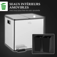 HOMCOM Poubelle de cuisine double, 2 x 15L, 2 couvercles à fermeture douce, seaux intérieurs amovibles et poignées(m-7)
