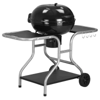 Outsunny Portable Charcoal Kettle Grill Outdoor Barbecue Trolley BBQ Heat Smoker Grilling with 2 Wheels, Storage Shelf and 4 Hooks, Free Standing, Black(m-1)