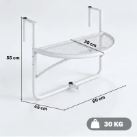 Outsunny Tavolino da Ringhiera Pieghevole con 3 Altezze Regolabili in Metallo, 60x47x50cm, Bianco(m-3)