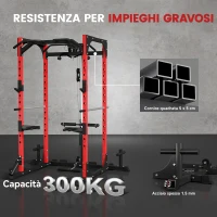 SPORTNOW Stazione Fitness con Supporto per Bilanciere e Barra per Trazioni e Dip, in Acciaio, 191x153x205 cm, Rosso e Nero(m-4)