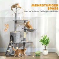 PawHut Krabpaal kattenboom met hol, 4 speeltjes, sisalstammen, groot platform, trap, voor katten onder 5 kg, Grijs(m-4)