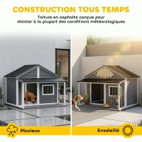 PawHut Niche pour Chien Extérieur avec Terrasse et Toit Bitumé Bois 124 x 112 x 105 cm Gris(m-5)