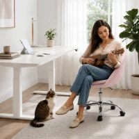 HOMCOM Velvet Desk Chair, Modern Office Chair with Height-Adjustable, Wheels, for Home Study Bedroom, Pink(m-9)