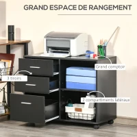 HOMCOM Support d'imprimante organiseur bureau caisson 3 tiroirs + 2 niches + grand plateau panneaux particules noir(m-4)