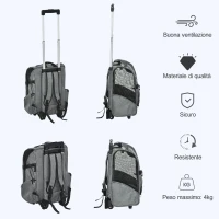 PawHut Trasportino Zaino  2 in 1 per Cani e Gatti con Tasche Laterali, Maniglia Telescopica e Ruote, 42x25x55cm, Grigio(m-6)