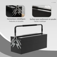 DURHAND Boite à outils métallique - coffret à outils - caisse à outils 3 niveaux 5 plateaux rétractables - tôle acier noir(m-4)
