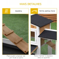 PawHut Coelheira de Madeira Exterior Gaiola para Coelhos de 2 Níveis com Teto Asfáltico 2 Cercados de Metal Bandeja Removível 3 Portas e Rampa 157,4x53x93,5cm Natural(m-8)