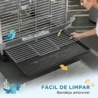 PawHut Gaiola para Pássaros Gaiola para Papagaios com Rodas Poleiros Comedouro e Bandeja Amovível 79x73x146 cm Cinza Claro(m-7)