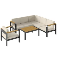 Outsunny 3 Pieces Garden Furniture Set with L-Shaped Sofa, Armchair and Coffee Table, Aluminium Garden Corner Sofa Set(m-1)