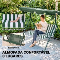Outsunny Baloiço de Jardim de 3 Lugares com Almofada Toldo Ajustável e Estrutura de Metal 172x110x153cm Verde e Branco(m-7)