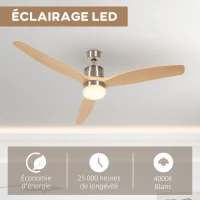 HOMCOM Ventilateur de plafond réversible avec lumière LED 6 vitesses silencieux - télécommande - diamètre 132 cm, naturel(m-5)