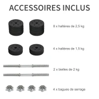 HOMCOM Ensemble d'Haltères Courtes Total 30 kg - Dumbbell Paires - Poids Réglable - Barres Incluses - Entraînement Musculaire & Haltérophilie - Acier PU, Noir(m-6)