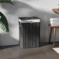 HOMCOM Cesto de Roupa de Bambu Dobrável Cesto para Roupa Suja com Tampa e Bolsa Amovível 40x30x60 cm Cinza Escuro(m-10)