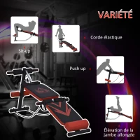 HOMCOM Banc de musculation pliable appareil à abdo hauteur réglable 135L x 48l x 61-68H cm 2 bandes de résistances + ressort central traction acier noir rouge(m-7)