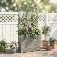 Outsunny Rattan Planter with Trellis, Raised Beds for Garden with Liner for Climbing Plants Vegetables Flowers, Dark Grey(m-9)