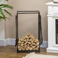HOMCOM Steel Firewood Log Holder Indoor Outdoor Firewood Rack Fireplace Wood Storage Shelf with 4 Tools, Hooks, Tree Pattern Design, Rust-Resistant, Black, 46W x 30D x 70H cm(m-7)