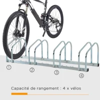 HOMCOM Râtelier 4 vélos dim. 110L x 33l x 27H cm acier galvanisé argent(m-4)