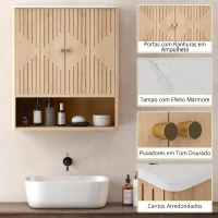 HOMCOM Armário de Parede para Casa de Banho com Portas em Ampulheta, Prateleira Ajustável e Aberta, 60x18x70 cm, Carvalho(m-6)