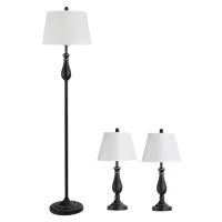 HOMCOM 3er-Set Stehlampen-Set inkl. 2 Tischleuchten, 1 Stehleuchte, Tischlampen-Set mit E27 Fassung, Lampenschirm aus Leinen Standlampe für Wohnzimmer, Schlafzimmer, Weiß+Schwarz(m-1)