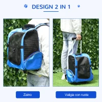 PawHut Trasportino Zaino 2 in 1 per Cani e Gatti con Tasche e Maniglia Telescopica, 42x25x55cm, Blu(m-4)