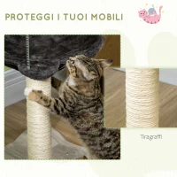 PawHut Tiragraffi per Gatti con Amaca in Peluche, Base in Legno con Gioco e Pali in Sisal, 53.55x53.5x66cm, Grigio(m-6)