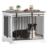 PawHut 80 cm Dog Crate Furniture with Sliding Barn Door for Medium Dogs, White(m-15)