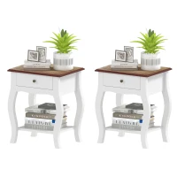 HOMCOM Pack de 2 Mesitas de Noche con Cajón Estante Abierto y Tapa Efecto Roble Estilo Francés 45x35x55 cm Blanco y Roble(m-11)