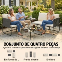 Outsunny Conjunto de Jardim de 4 Peças Móveis de Exterior com 2 Sofás de 2 Lugares 2 Mesas de Vidro Almofadas Capas Removíveis Preto e Bege(m-5)