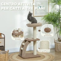 PawHut Albero Tiragraffi a 3 Livelli con Trespolo Superiore e Pallina Giocattolo, 48x40x88 cm, Bianco e Marrone(m-4)
