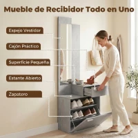 HOMCOM Recibidor de Entrada con Espejo Zapatero Abatible Cajón Mesa Pequeña 61x30x170 cm Gris(m-4)