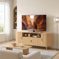 HOMCOM Meuble TV 140 cm avec 2 Prises et 2 Ports, Meuble Télé pour 84 Pouces, 2 Portes Battantes, 2 Portes Coulissantes, Chêne(m-16)